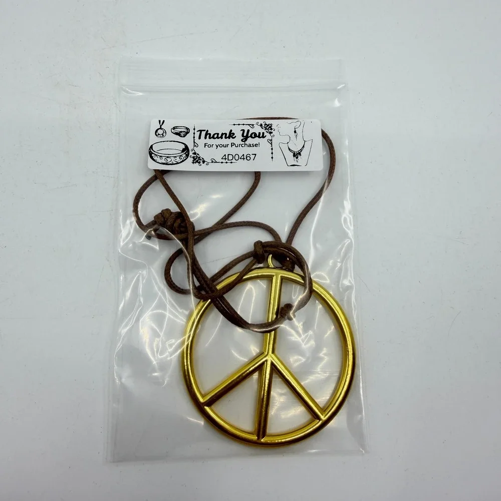 Gold Tone Peace Sign Pendant Necklace Brown Cord Boho Hippie Statement Gift